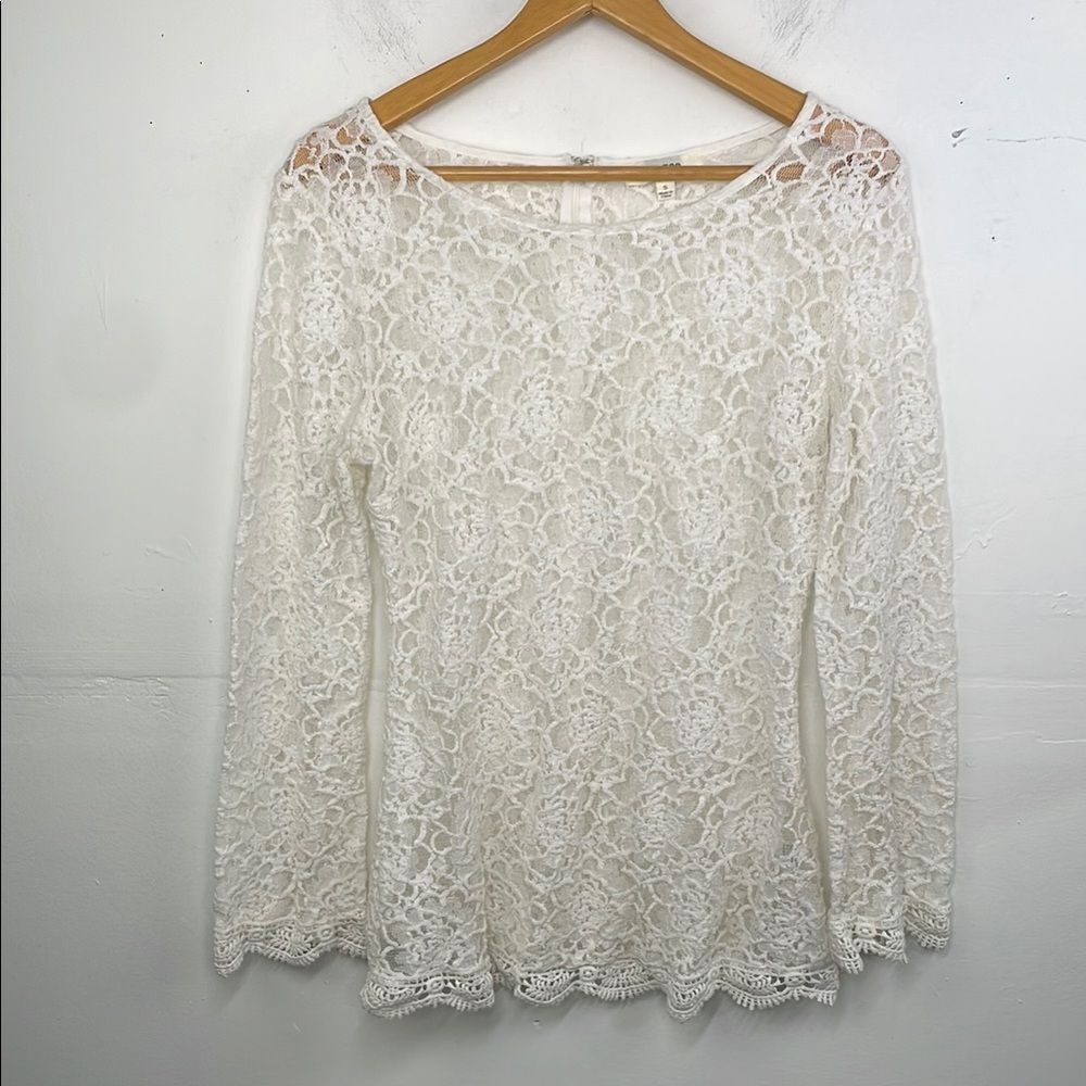 Umgee Lace Top Womens Scalloped Hem Boho Top Size Small Ivory White